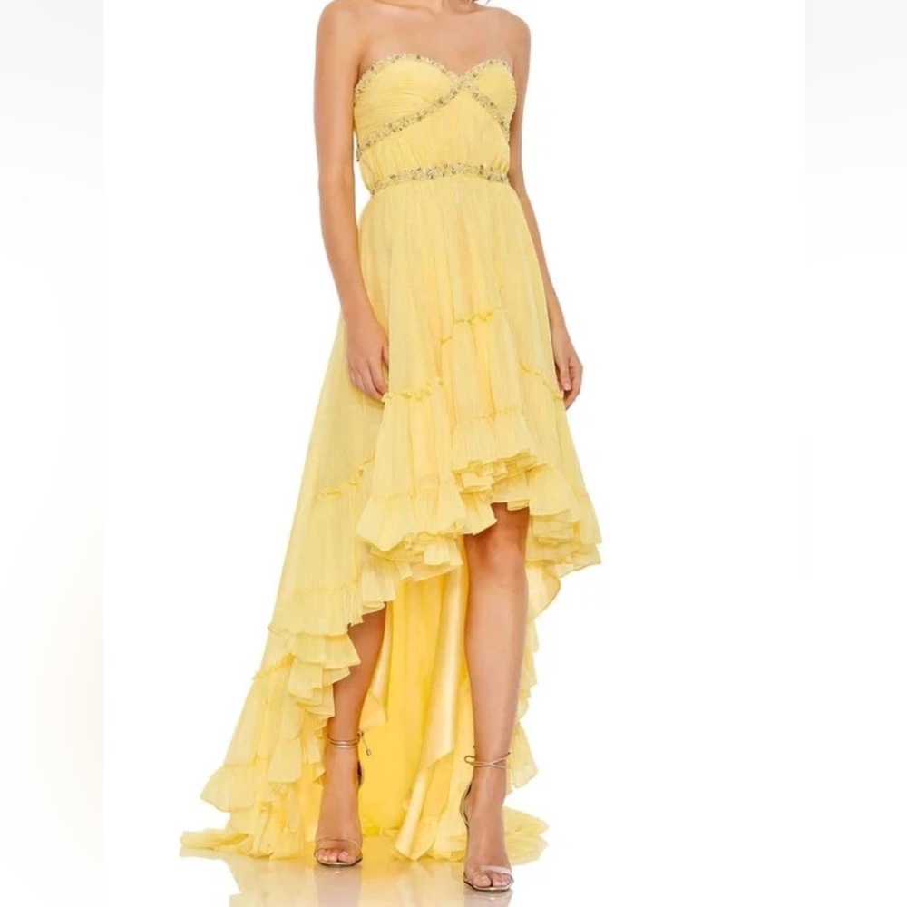 NWT Mac Duggal Sz 6 Lemon Yellow Strapless Embellished HighLow Ruffle Gown 68096